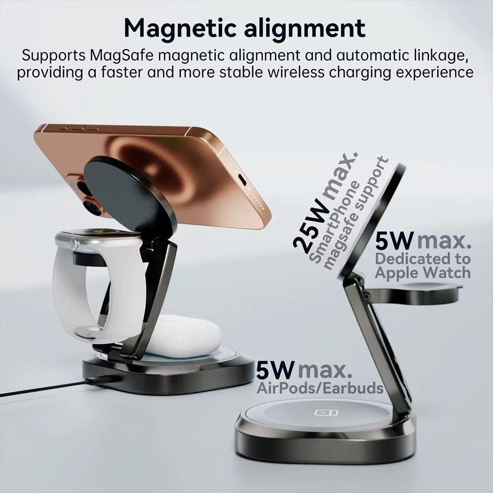 Mak Dock magnetic alignment and 25W charging specification graphic